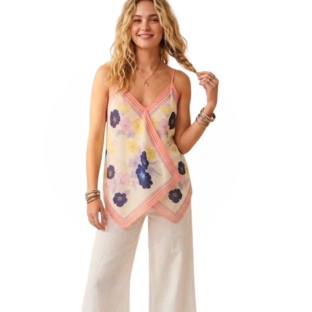 Pale Sky Floral Wrap Cami Sleeveless Blouse Top Sz Petite Large Resort Bohemian